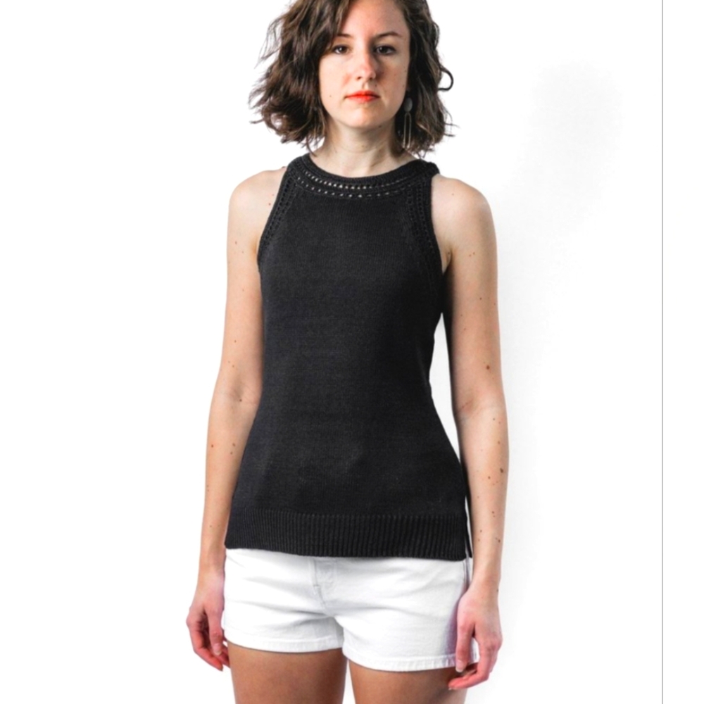 Ann Taylor Black Sleeveless Knit Tank Top Crocheted Round Neck sz. S